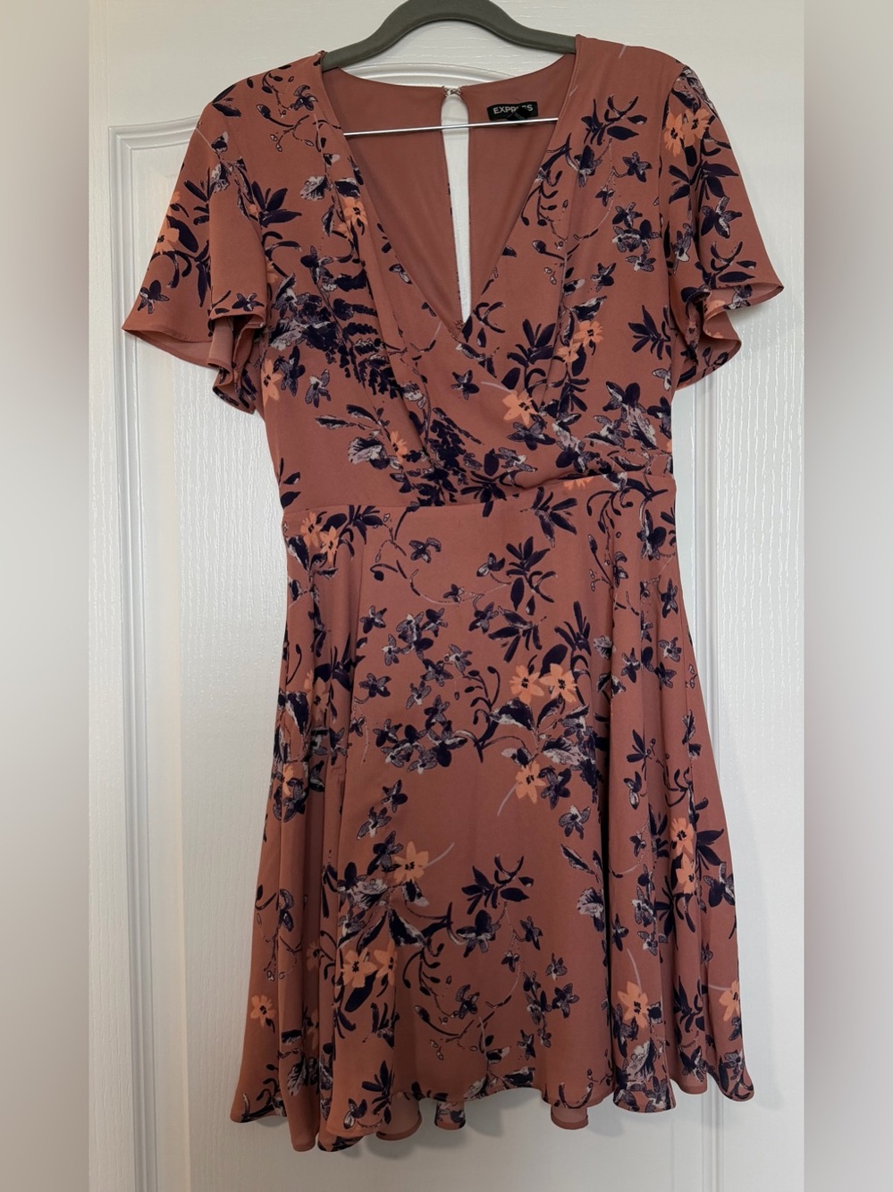 Express Dusty Rose Floral Wrap-Style Midi Dress